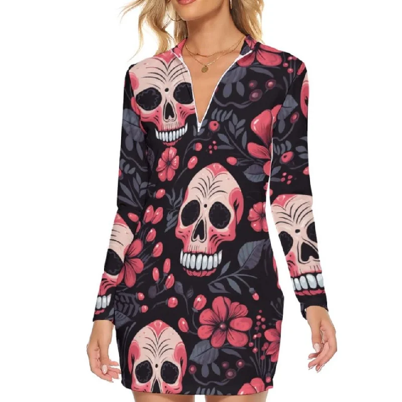 Minimalist DressWomen's Pink Floral Skull Zip Front Bodycon Long Sleeve Dress