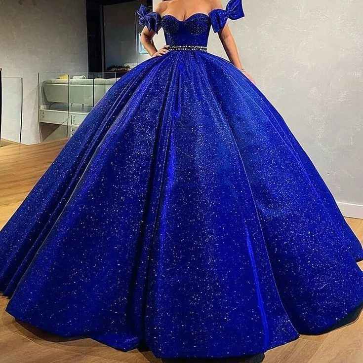 Velvet DressBlue gorgeous shiny sequined off-the-shoulder long ball gown evening dress gh3090