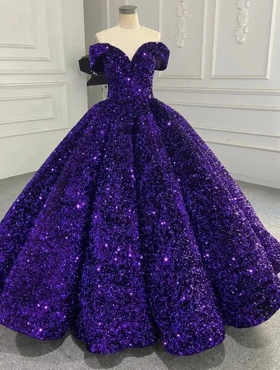 women's wrinkle-resistant dressesShiny Purple Off Shoulder Sequined Long Prom Dress Evening Dress Sweet 16 Years Old Dress Graduation Dress Adult Ceremony Dress gh3124