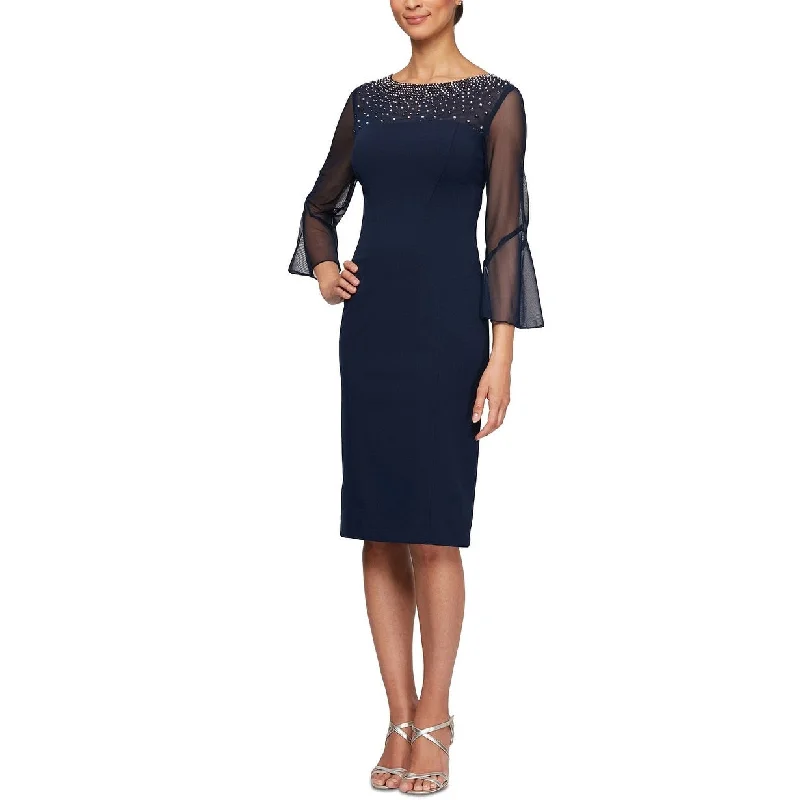 women's breathable dressesAlex Evenings Women's Embellished Illusion Neck Sheath Dress Blue Size 10