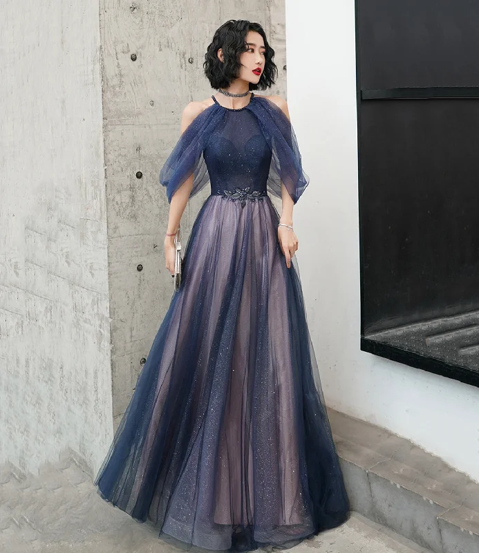 Cut-Out DressBlue tulle sequins long prom dress blue evening dress  10497