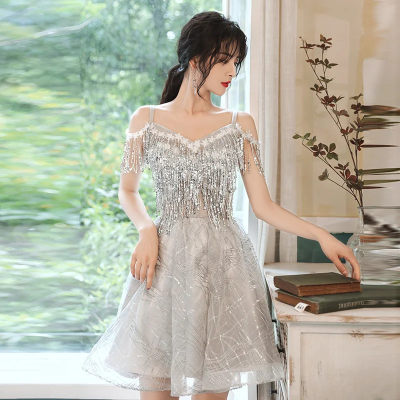 Organza DressGray sequins short prom dress evening dress  8326