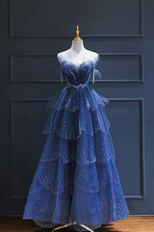 Wrap DressBlue gorgeous tulle beaded long A-line ball gown evening dress gh2105