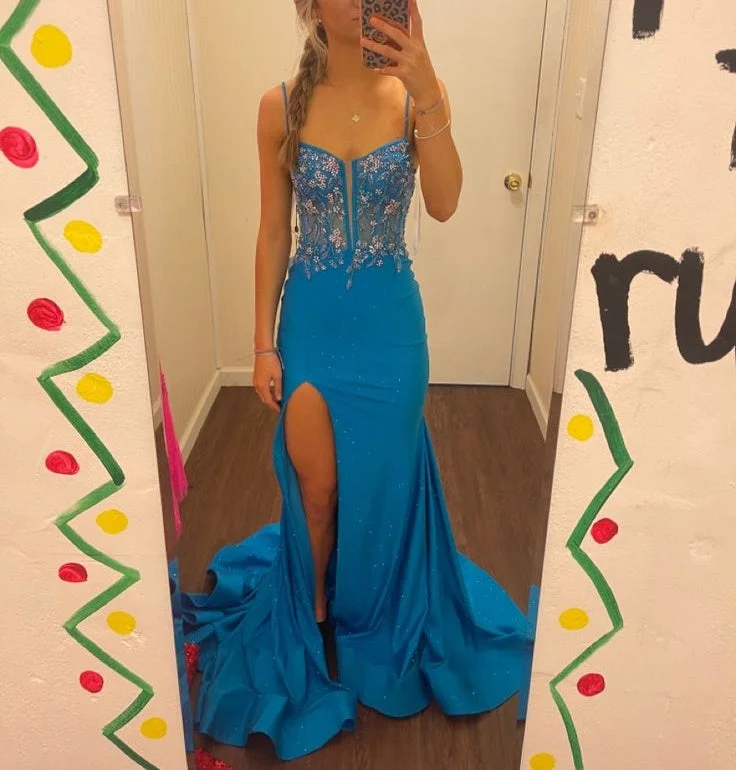 women's curve-hugging dressesBlue spaghetti strap gorgeous exquisite beaded bodycon long satin high slit ball gown evening dress gh2717