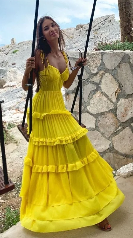 Floor-Length DressYellow Spaghetti Strapless Long Prom Dresses Evening Dresses gh2788