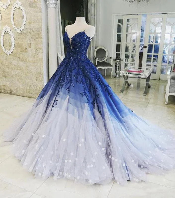 Sleeveless DressBlue Shiny Elegant V-Neck Applique Gradient Long Ball Gown Prom Dress Evening Dress Adult Ceremony Dress gh3104