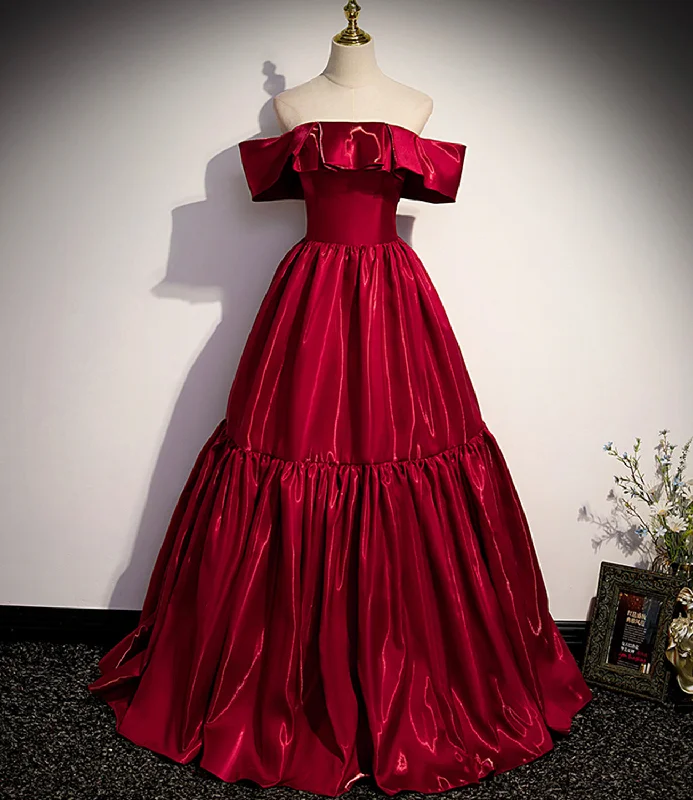 women's evening dressesRed satin off shoulder elegant simple long ball gown A-line evening dress 10019