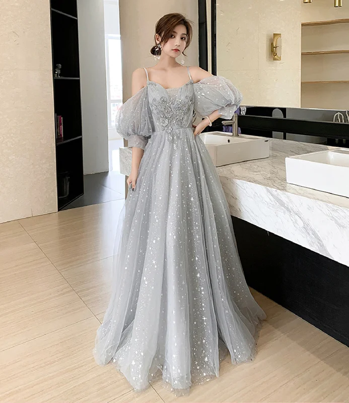 Empire DressGray tulle lace long prom dress evening dress  8945