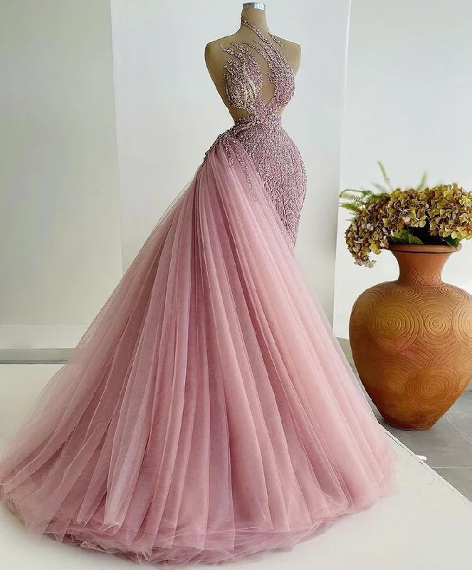 women's ethical fashion dressesPink Shiny Gorgeous Fantasy Long Beaded Tulle Ball Gown Evening Dress gh3129