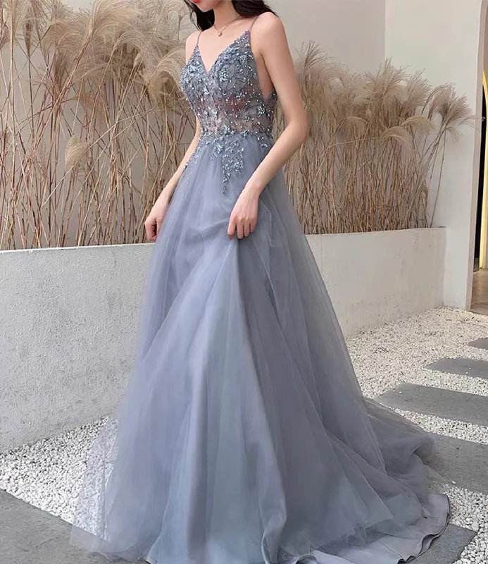 Peplum Hem DressBlue tulle beads long prom dress blue evening dress  10453