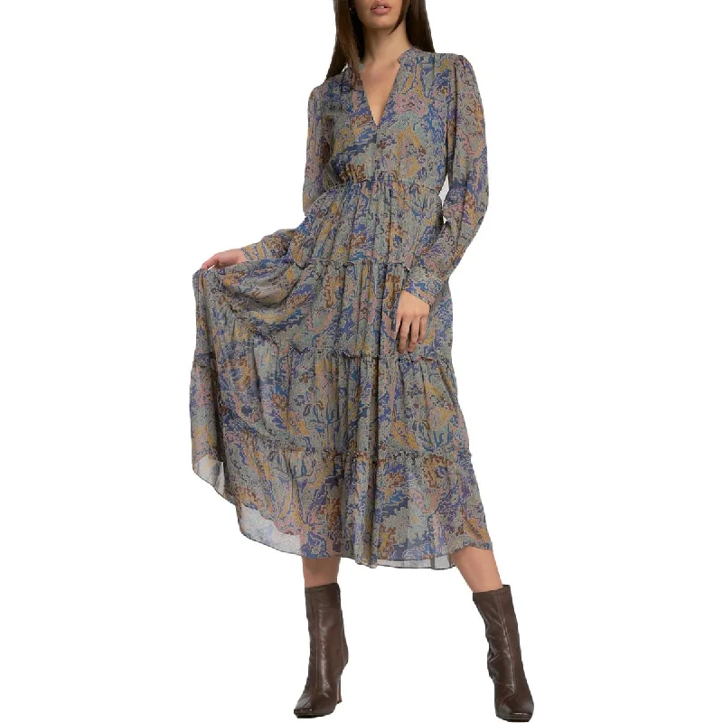 women's versatile dressesElan Women's Printed V-Neck Long Sleeve A-Line Midi Dress