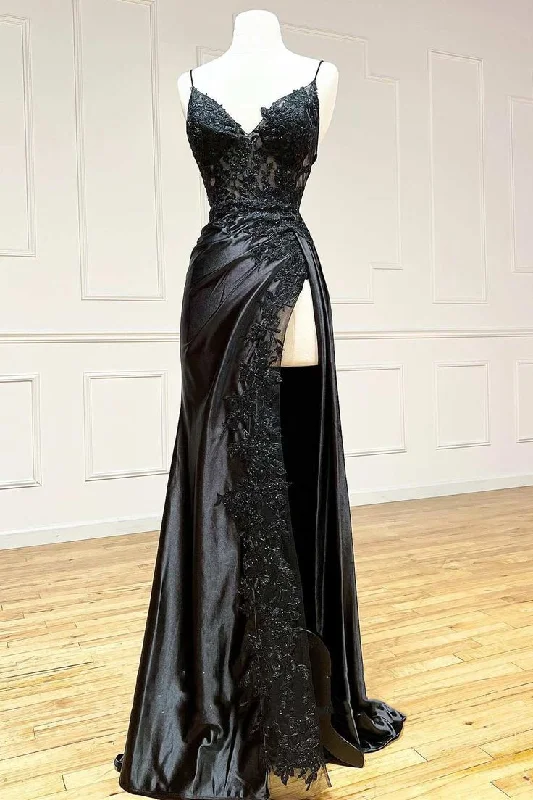 Sleeveless DressBlack elegant sexy spaghetti straps applique side slits long lace evening gown ball gown gh2611