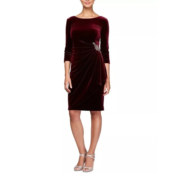 women's machine-washable dressesAlex Evenings Women's Ruched-Side Velvet Dress Red Size 12