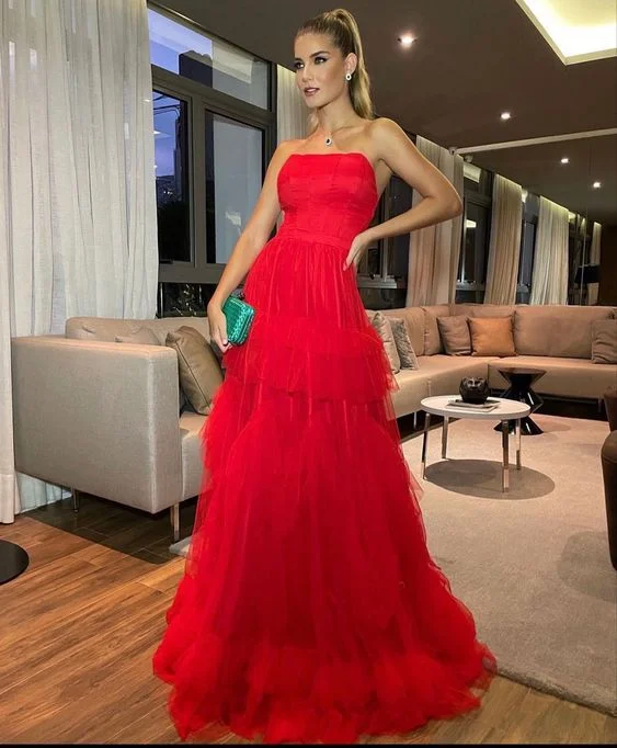 women's lightweight dressesStrapless Red Tulle Long Evening Dress Sleeveless Formal Prom Dress  gh2829