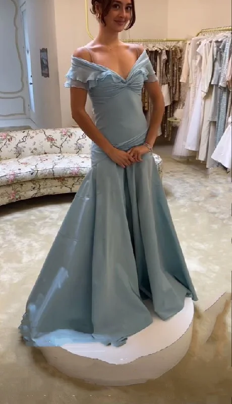 women's cotton dressesBlue elegant simple off-shoulder tulle long ball gown evening dress gh3018