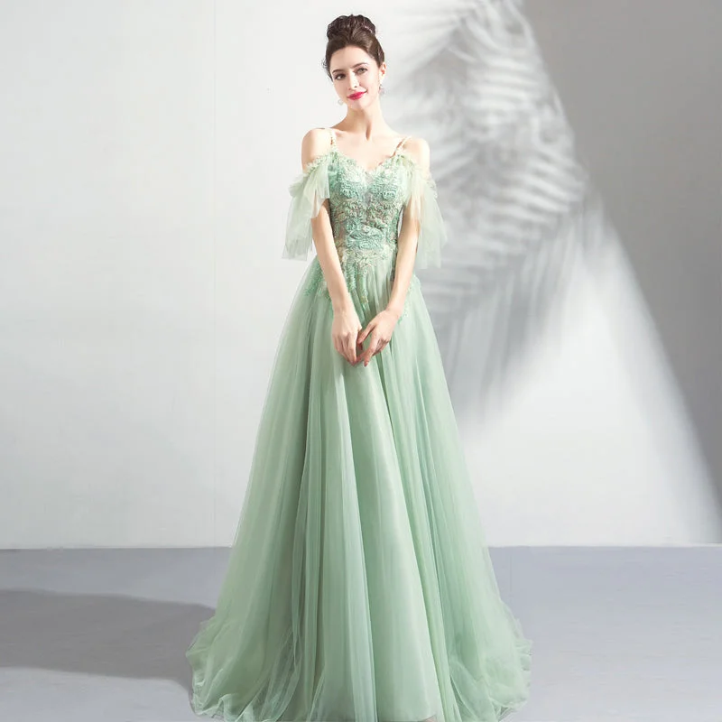 women's satin dressesGreen tulle lace long prom dress, evening dress  8043