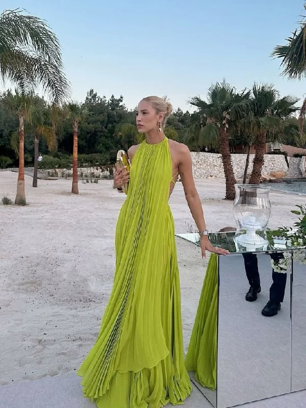 women's maximalist dressesYellow green halter neck backless long chiffon ball gown evening dress gh3127