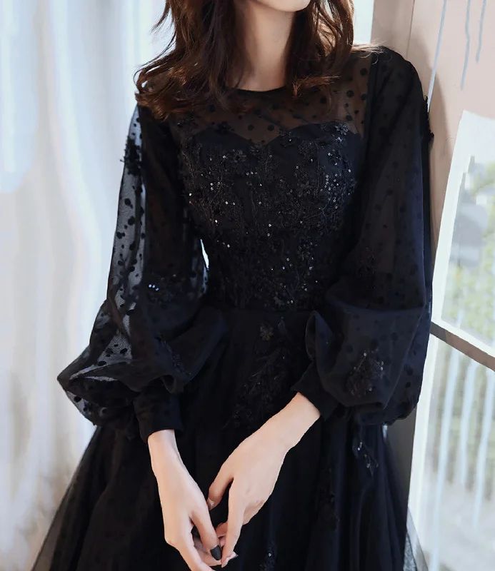 Petite DressBlack lace long prom dress A line evening gown  10277