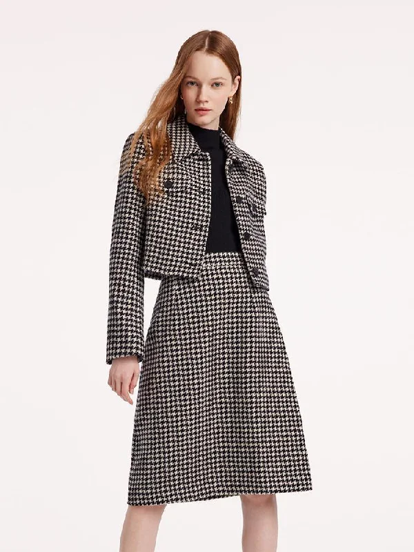 Washable Wool Houndstooth Jacket And Sweater And Women Skirt Suit