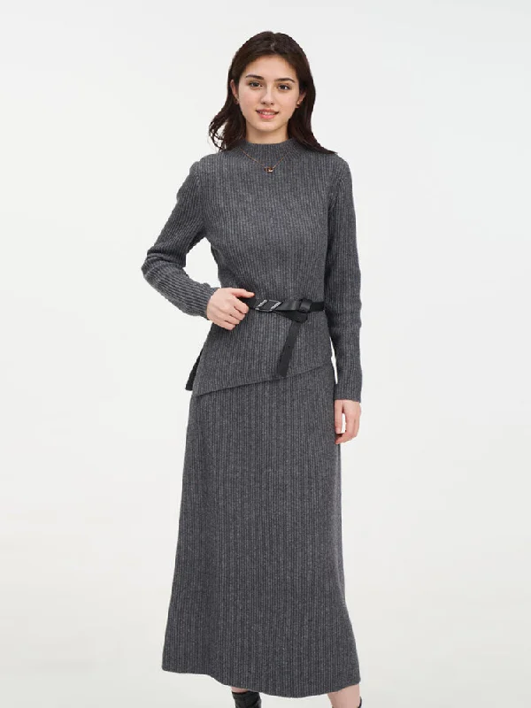 Wool Blend Mock Neck Sweater And A-Line Skirt Two-Piece Set With Belt