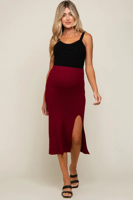 women's high-performance dressy skirtsBurgundy Ribbed Knit Slit Maternity Midi Skirt