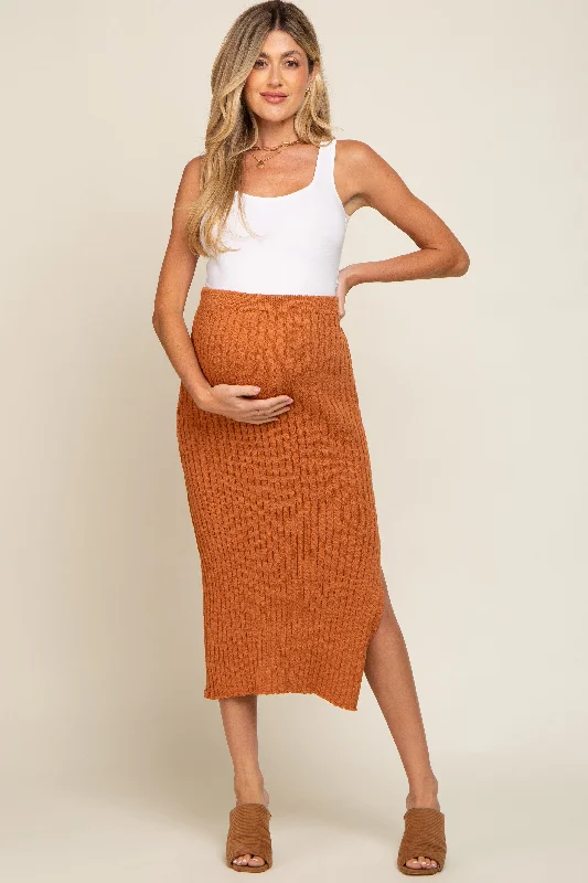 women's tiered skirtsCamel Ribbed Side Slit Sweater Maternity Midi Skirt