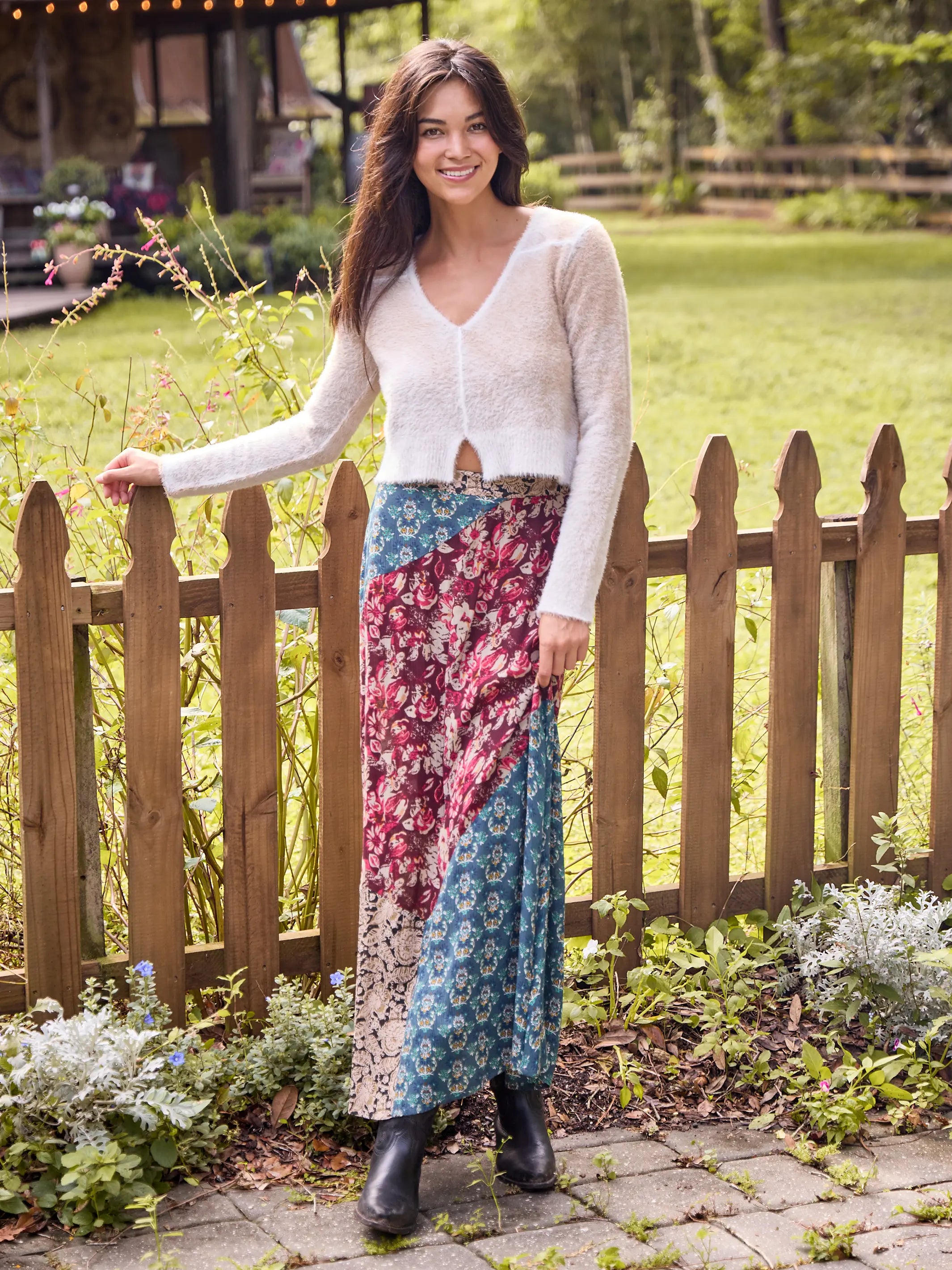 women's work skirtsCome Together Maxi Skirt - Plum Turquoise Mixed Floral