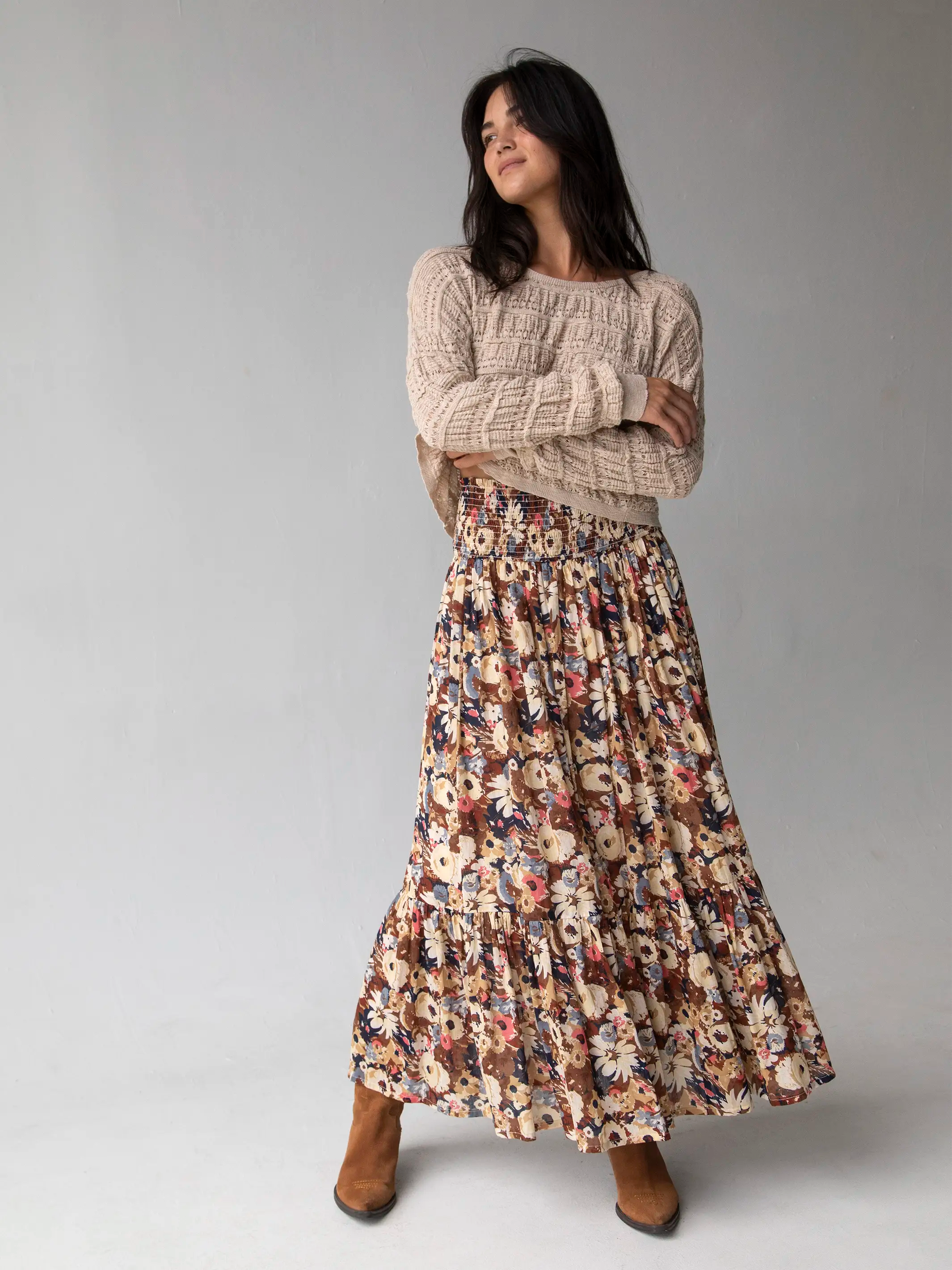 women's vintage leather skirtsFlora Cotton Convertible Maxi Skirt - Brown Navy Floral