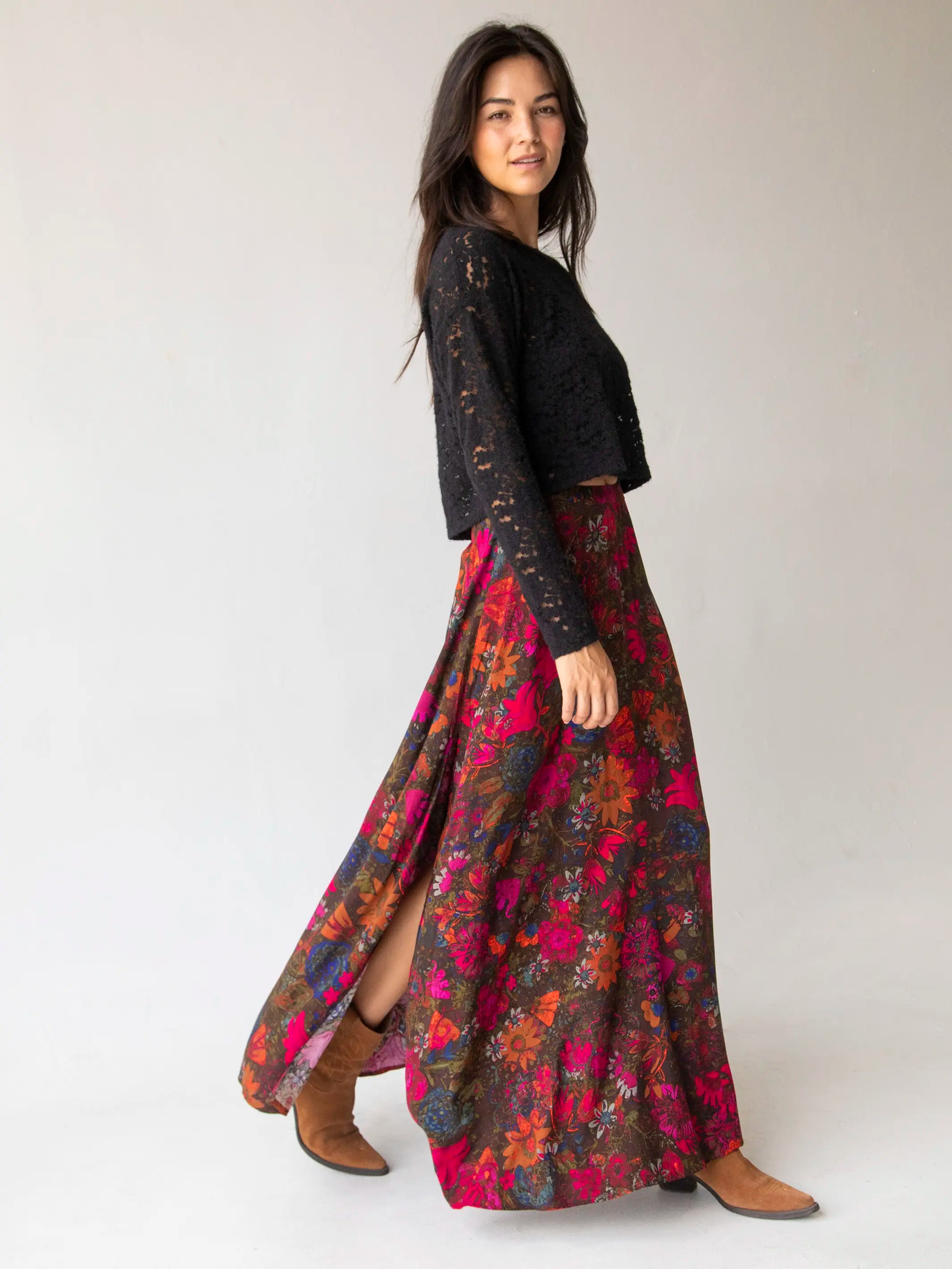 women's casual high-slit skirtsGinger Side-Slit Maxi Skirt - Indigo Pink Orange