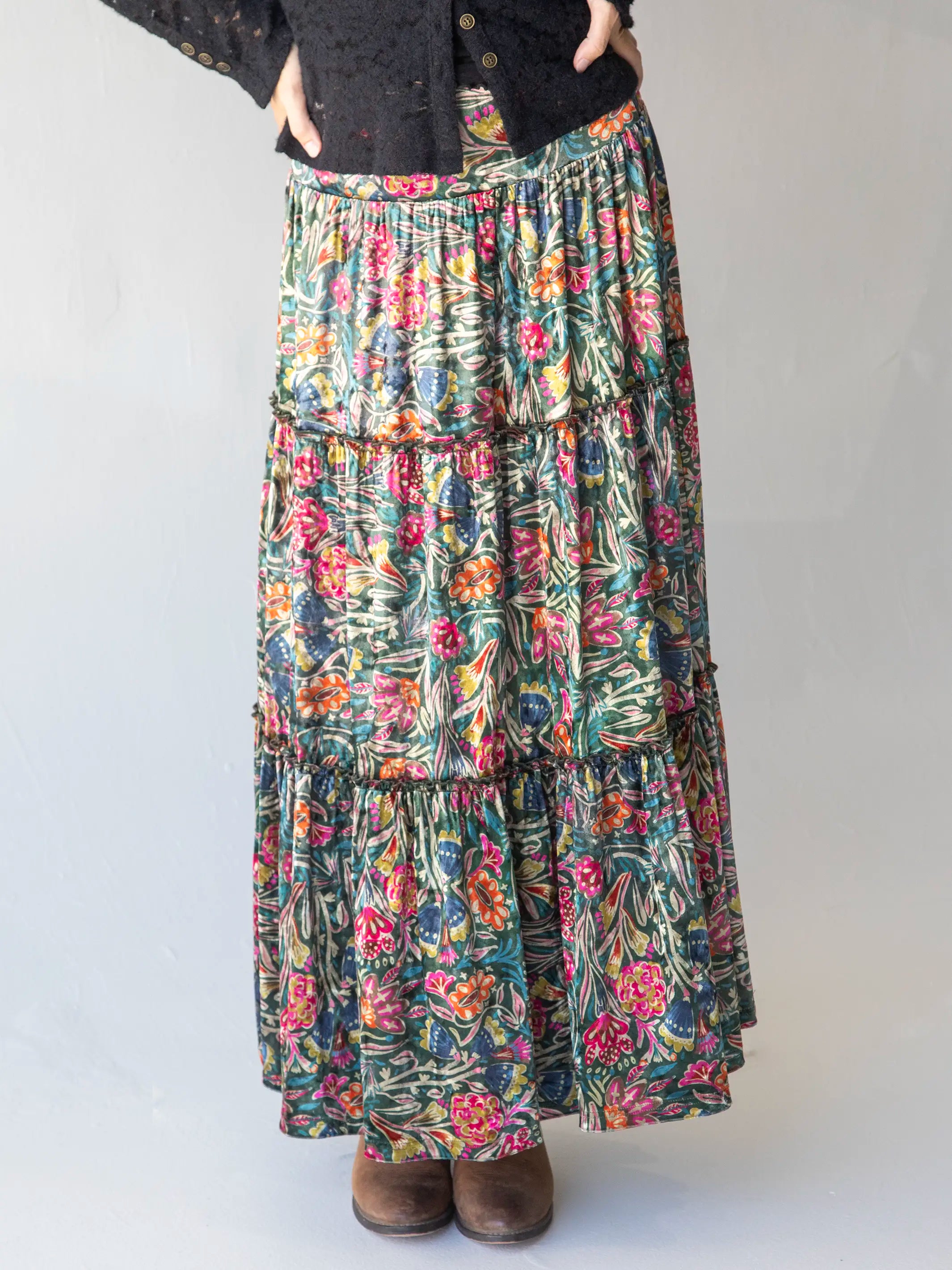 women's striped skirtsKarlie Tiered Velvet Maxi Skirt - Green Lined Floral