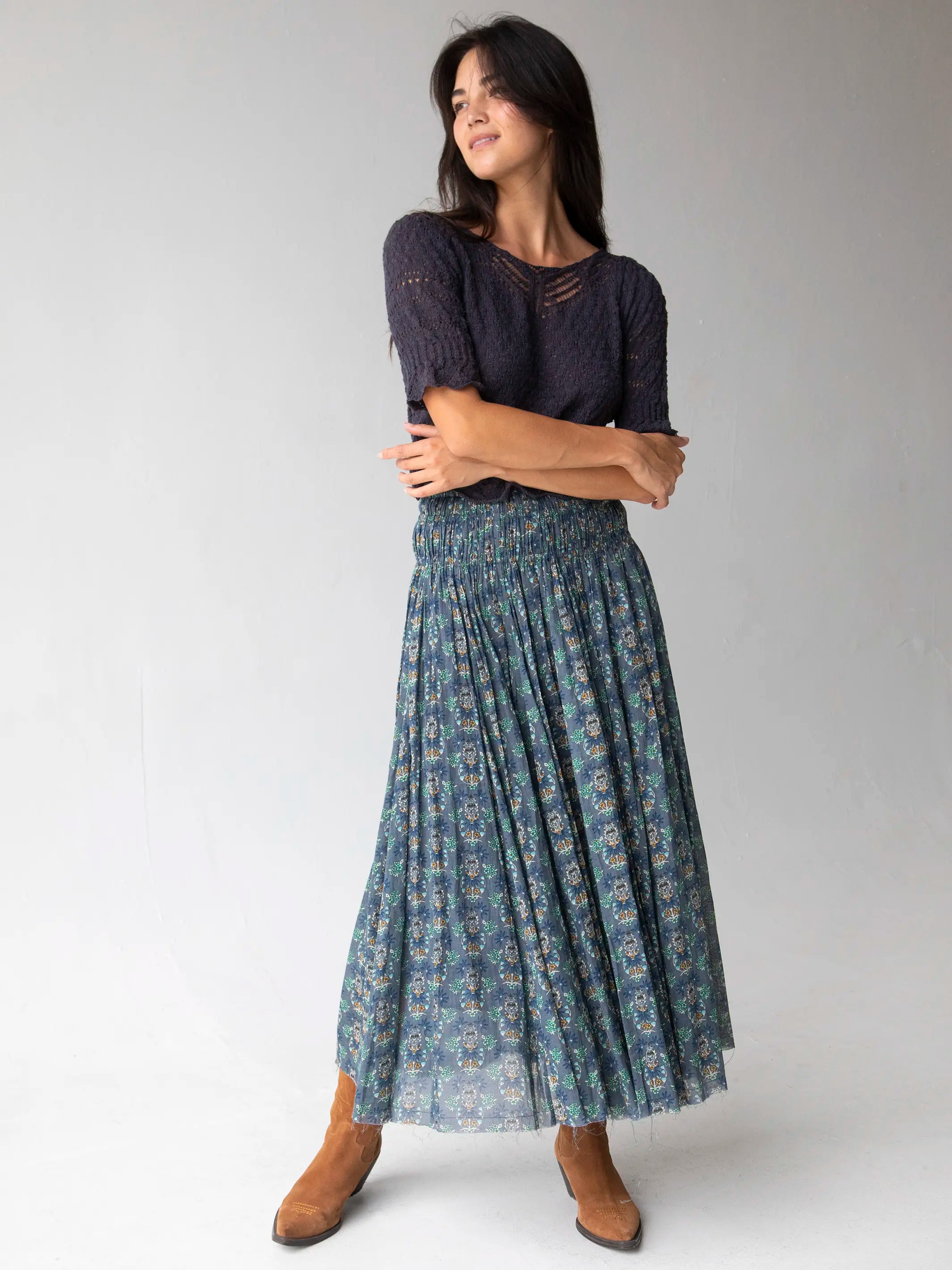 women's winter velvet skirtsLaurel Convertible Maxi Skirt - Teal Floral Medallion