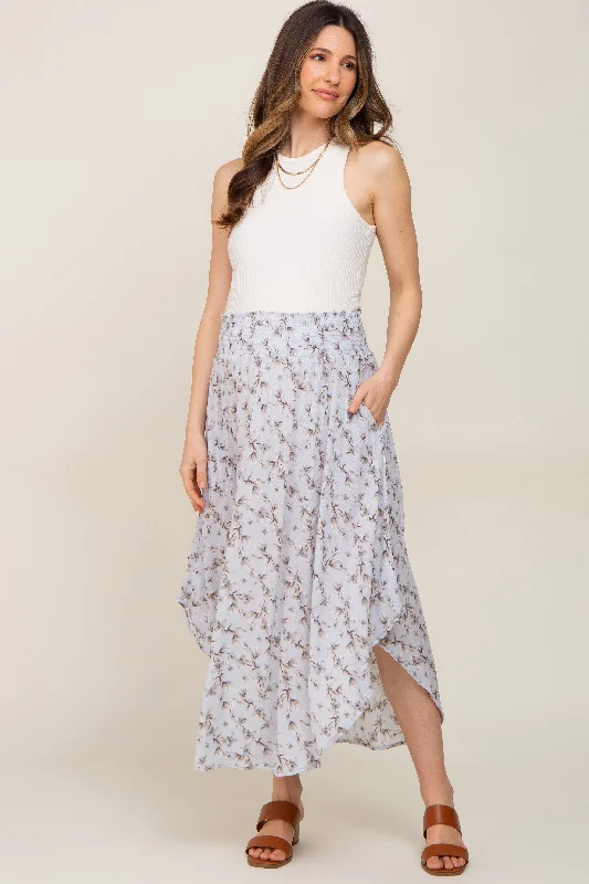 women's woven skirtsLight Blue Floral Smocked Maternity Midi Skirt