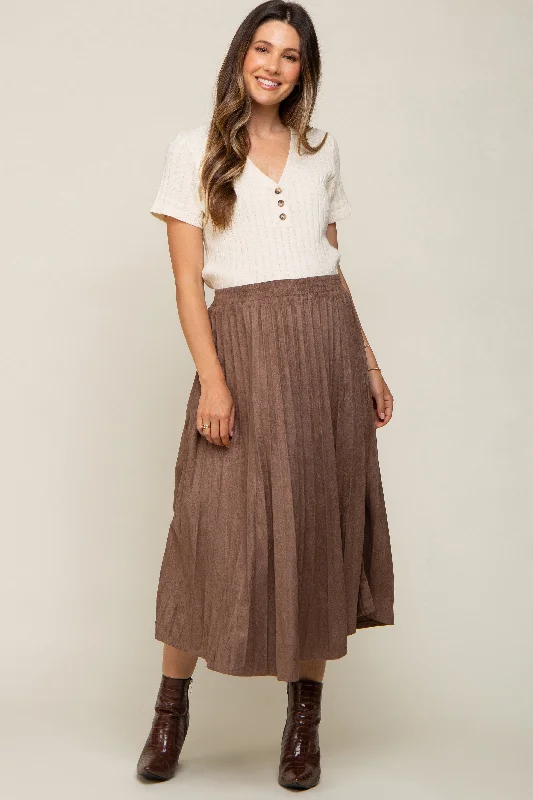 women's pajama-style formal skirtsMocha Suede Pleated Maternity Midi Skirt