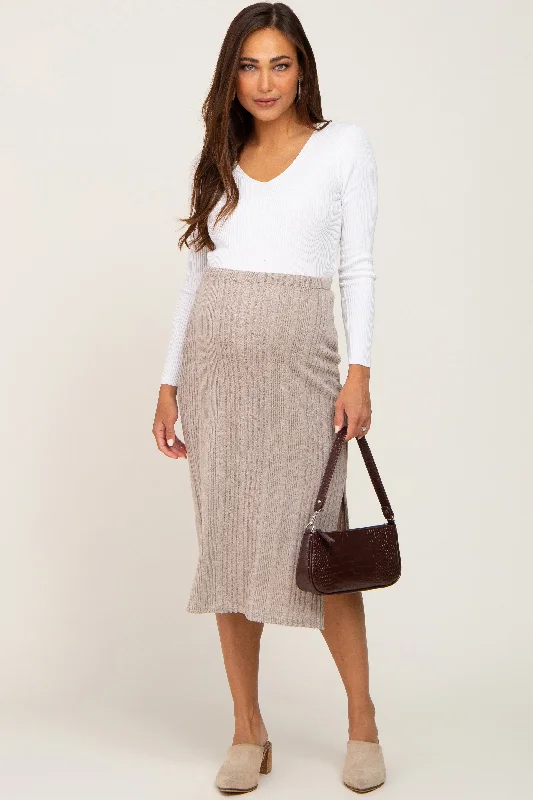 women's knitted mini skirts for casual wearTaupe Soft Knit Ribbed Side Slit Maternity Midi Skirt