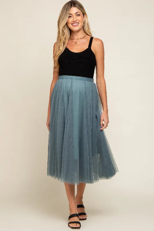 women's leather skirtsTeal Tulle Maternity Midi Skirt