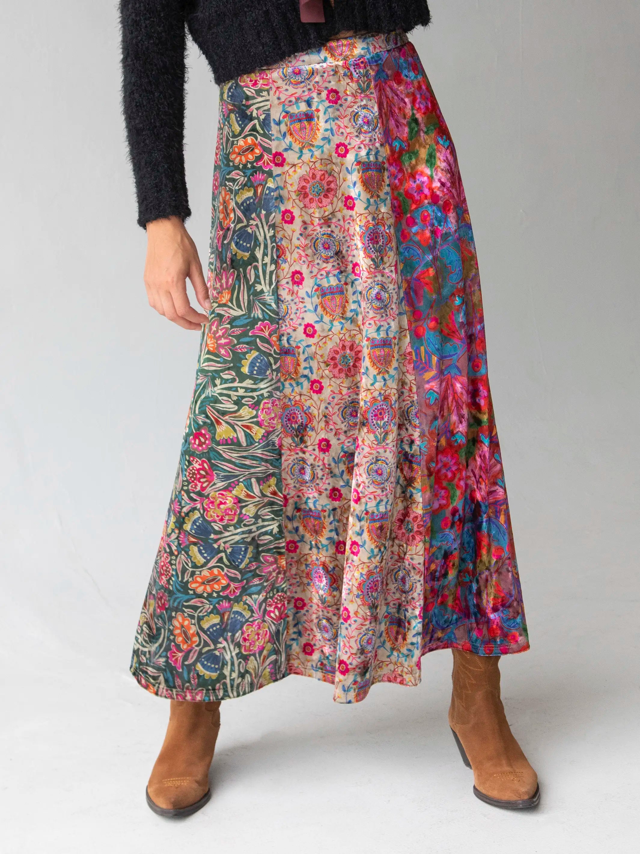 women's cocktail skirtsValentina Velvet Maxi Skirt - Green Cream Red Mixed Floral