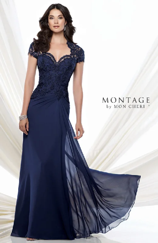 Denim DressMon Cheri 115974 Cap Sleeve Lace Chiffon Gown