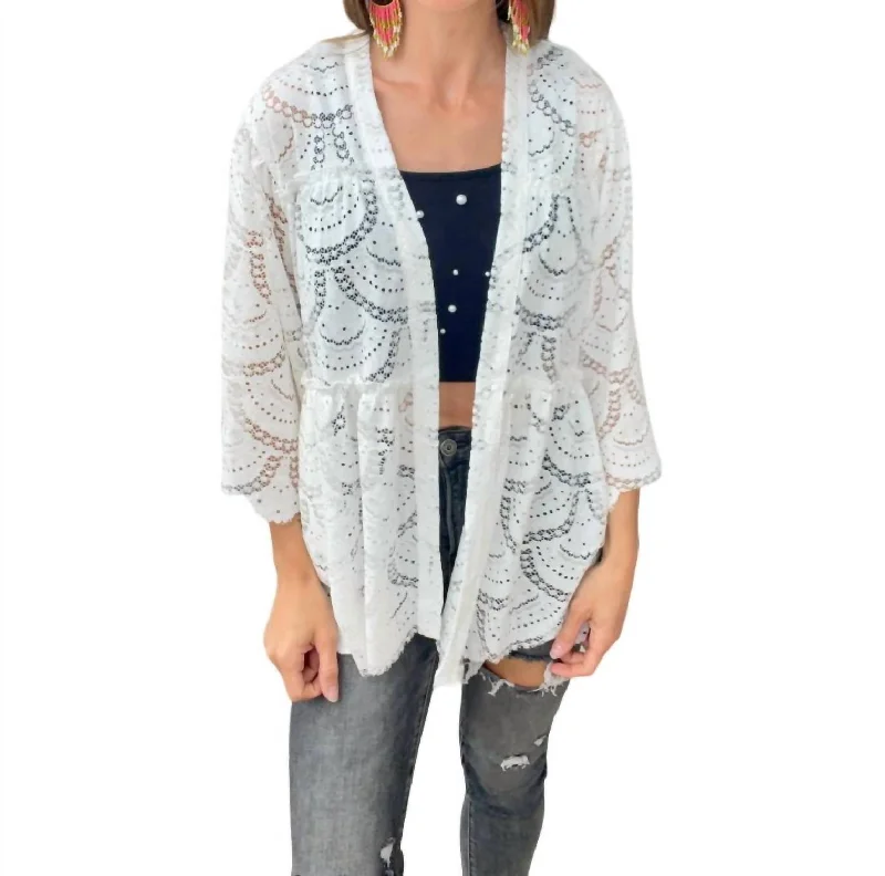 Designer Funky Hooded SweatersCrochet Midi Sleeve Kimono In White