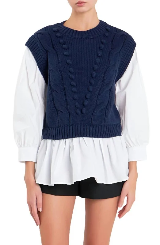 Cashmere Children's SweatersMix Media Cable Sweater In Navy/white