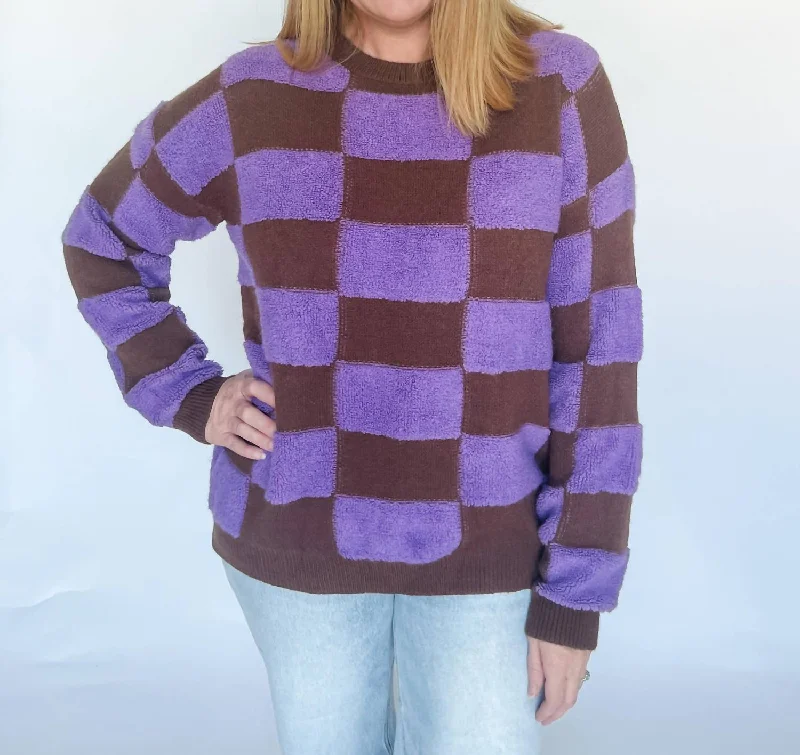 Retro Crewneck SweatersOld Faithful Checker Sweater In Brown And Purple