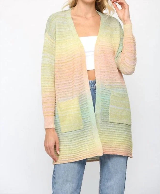 Hooded Cashmere SweatersOmbre Yarn Knitted Open Cardigan In Green Multi