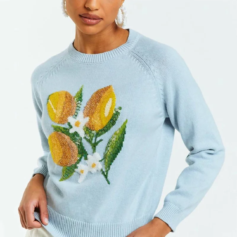 Cashmere SweatersWomen's Delilah Long Sleeve Cotton Sweater In Blue Lemon